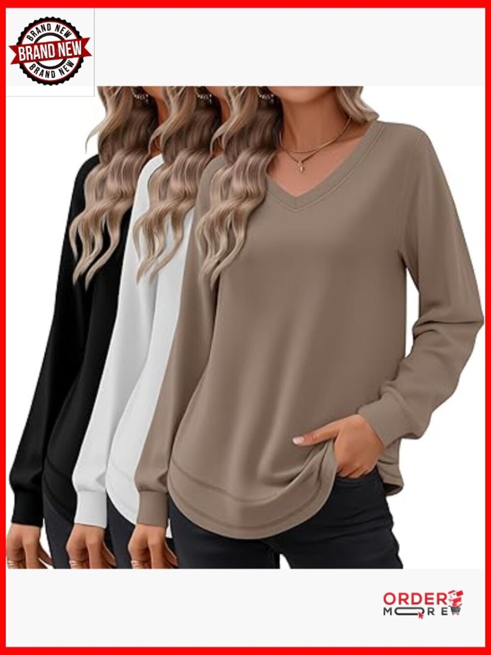 3 Pack Long Sleeve V-Neck Tunic Tops Cotton Blend Curved Hem